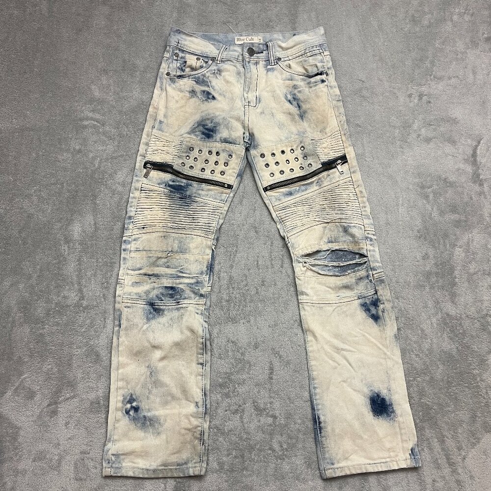 Blue Cult Jeans Womens 16 Moto Biker Denim Distressed Acid Wash Bleached Studded